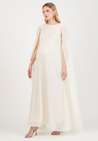 Chiffon maternity bridal gown with cape, ivory
