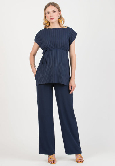 Crepe maternity blouse with pleats and tie belt, navy
