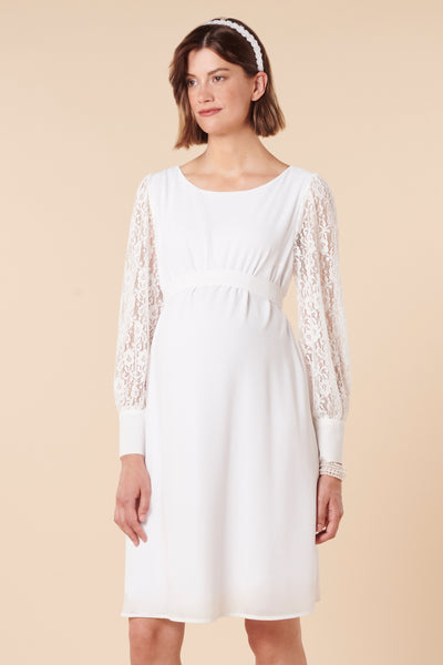 A-line crepe maternity wedding dress with lace sleeves