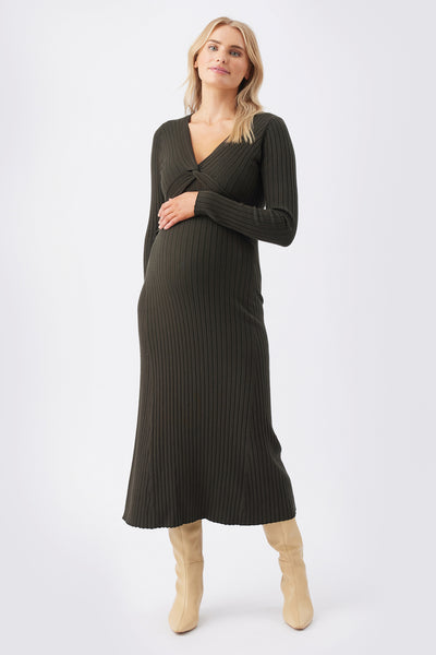 Bodycon Ribbed Umstands- und Stillkleid mit Knoten-Detail khaki