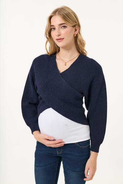 Crossover maternity and nursing sweater navy