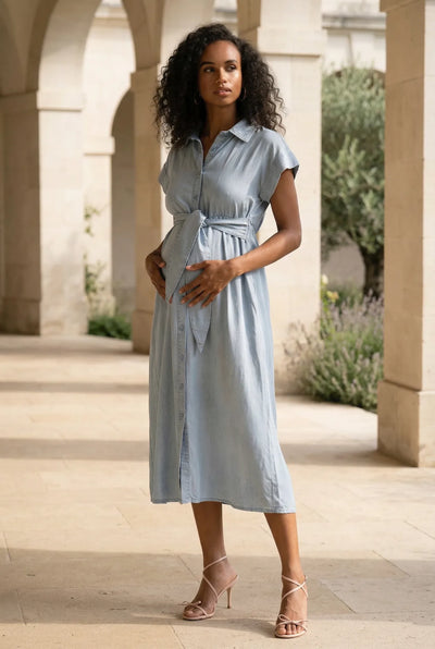 Chambray maternity and nursing shirt dress