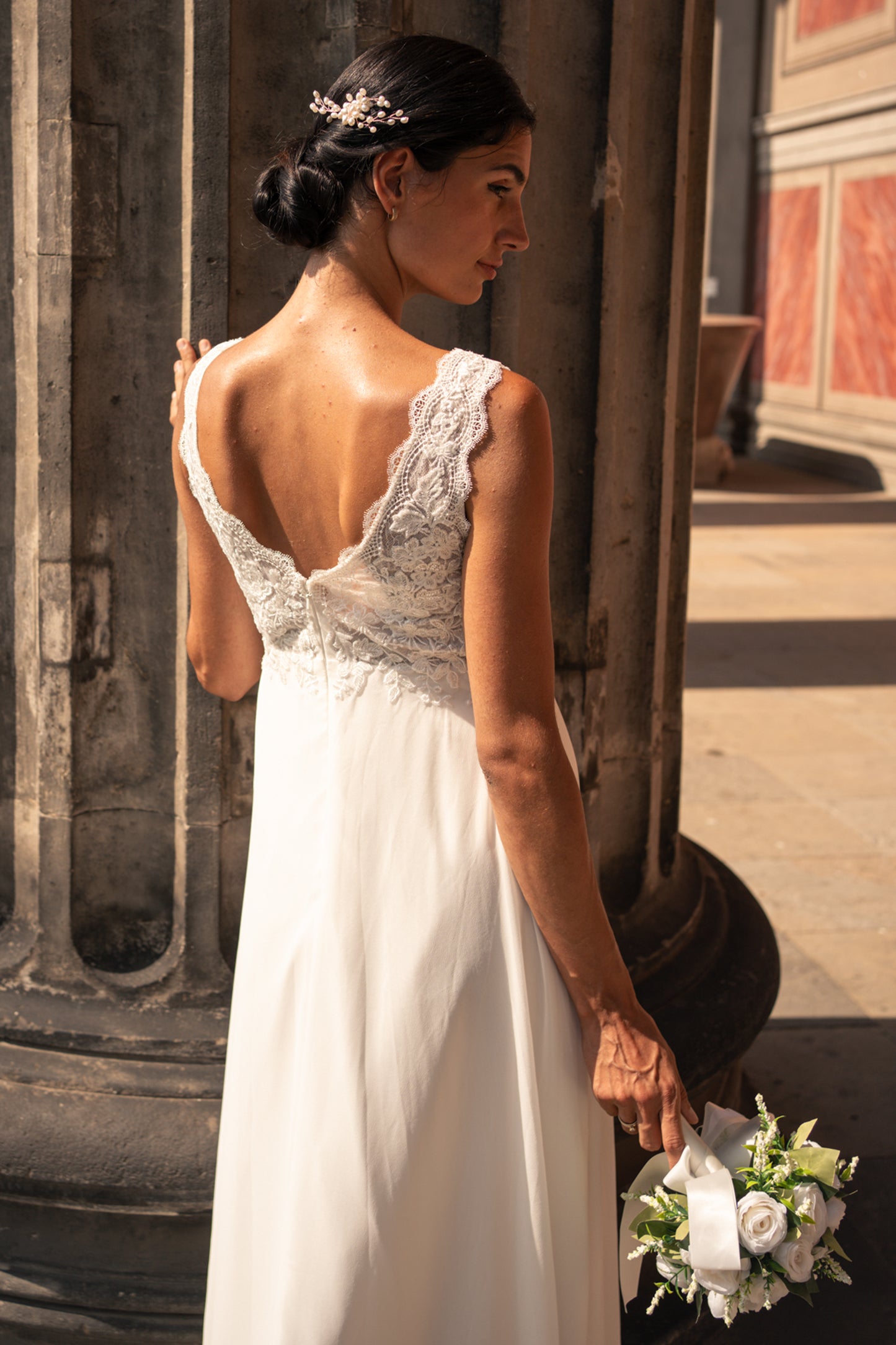 Chiffon Umstandsbrautrobe mit Spitzenapplikationen