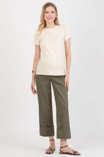 Cropped Garbadine Umstandshose mit Umschlag khaki