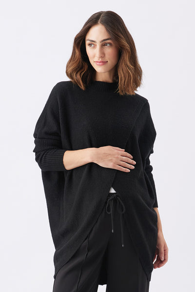Cross-over maternity and nursing sweater, black