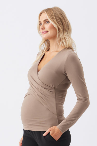 Cross-over maternity and nursing shirt, long-sleeved, taupe