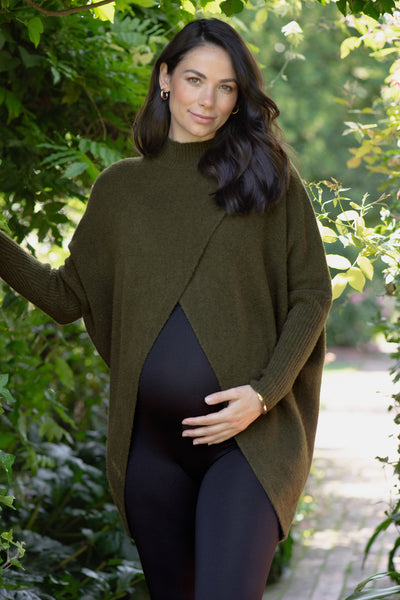 Cross-over maternity and nursing sweater, khaki