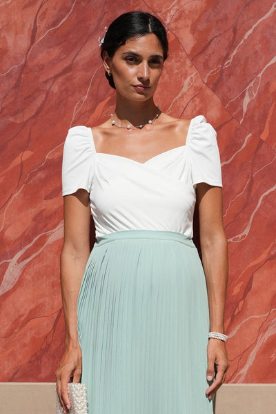 Maternity bodysuit with short puff sleeves and sweetheart neckline