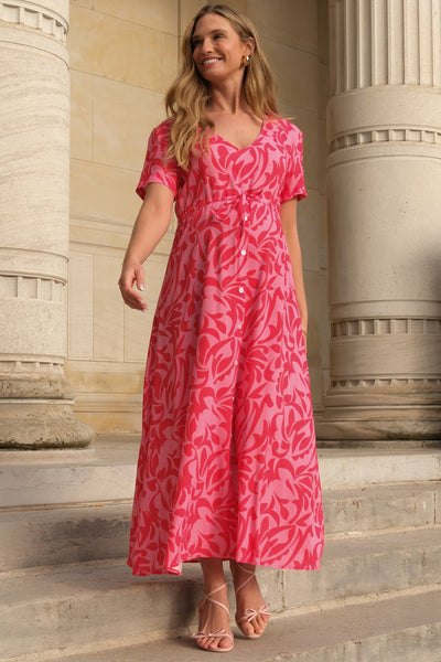 Midi V-Neck Umstandskleid mit Tunnelzug und Print