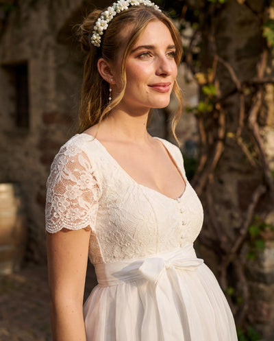 Dirndl-style lace maternity and nursing dress with apron