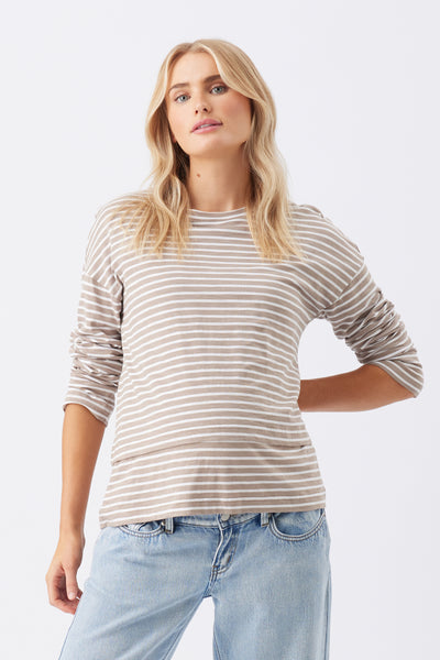 Double Layer Long Sleeve Striped Maternity and Nursing Shirt taupe/white