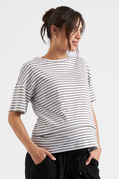 Double Layer Streifen Umstands- und Stillshirt khaki/weiß