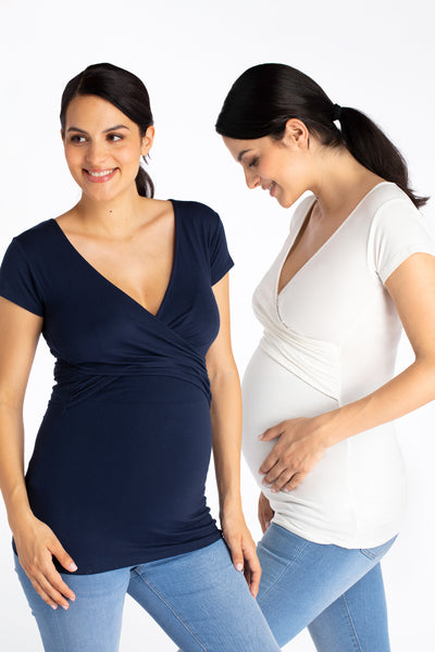 Twin pack Eco Viscose Short Sleeve Maternity and Nursing Shirts navy/white