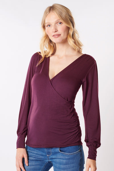 Eco viscose maternity and nursing shirt with blouson sleeves, plum
