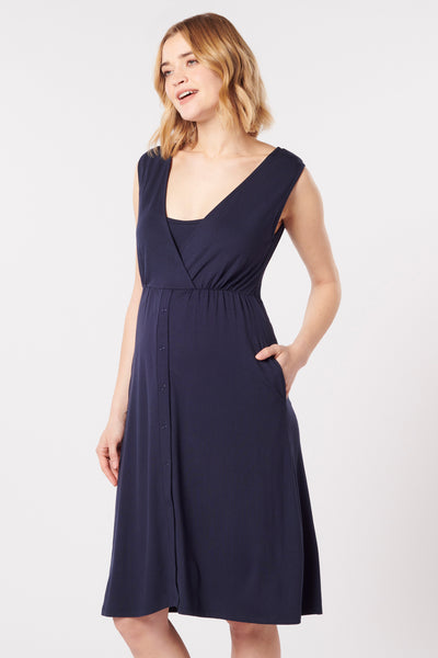 Eco viscose birth and nursing nightgown with wrap-style neckline, navy