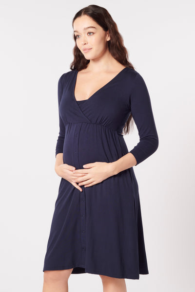 Long-sleeved eco viscose birth and nursing nightgown with wrap-style neckline, navy