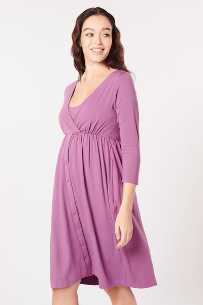 Long-sleeved eco viscose birthing and nursing nightgown with wrap-style neckline, violet