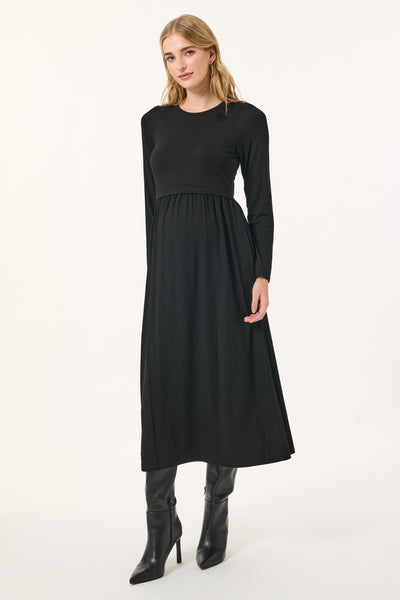 Eco Viskose Midi Langarm Umstands- und Stillkleid schwarz