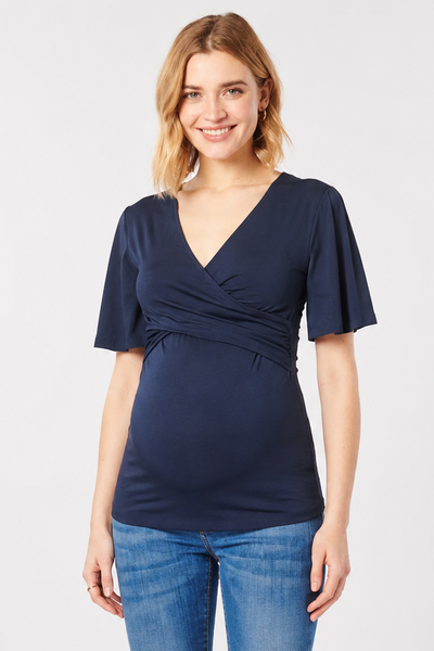 Eco Modal Cross Over Umstands- und Stillshirt mit Glockenärmeln blau