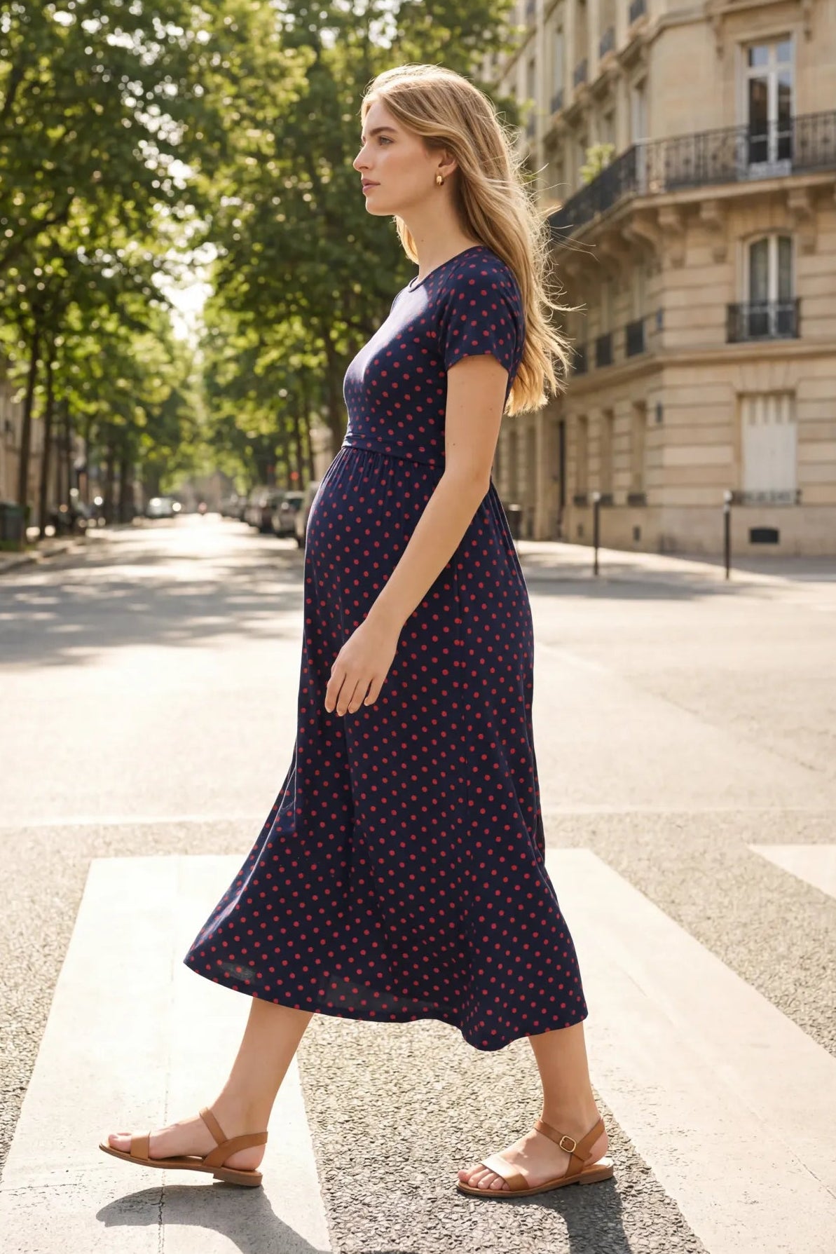 Eco Viskose Midi Umstands- und Stillkleid mit Pünktchen navy rot