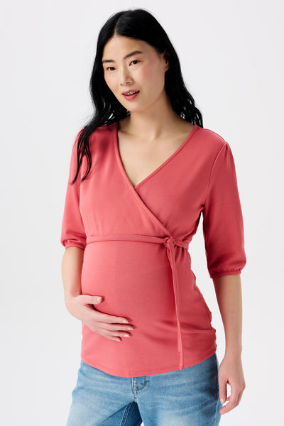 Ecovero maternity and nursing tie-front shirt, coral