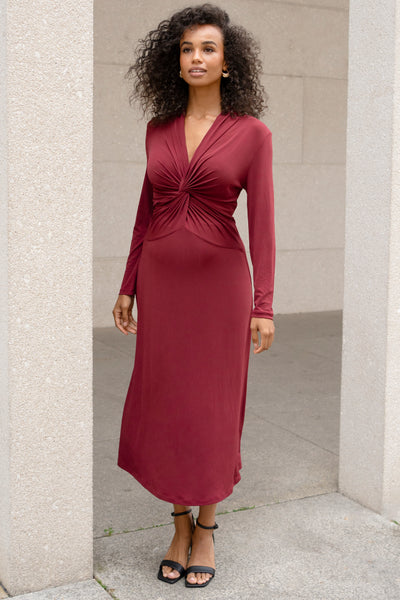 Midi Umstands-und Stillkleid mit Knotendetail burgund