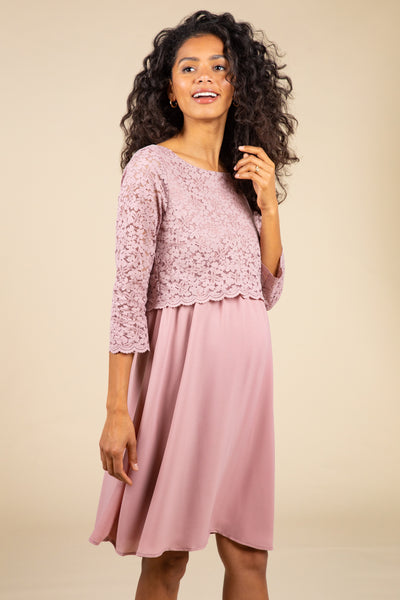 Festive maternity and nursing dress with 3/4 sleeves, pink