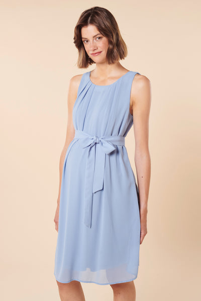 A-line maternity dress with tie belt, light blue