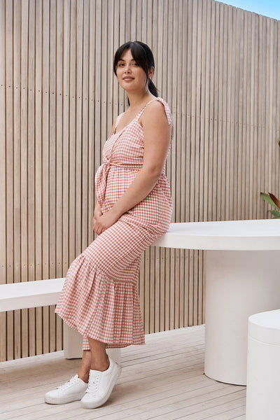 Gingham maternity and nursing dress pink/white