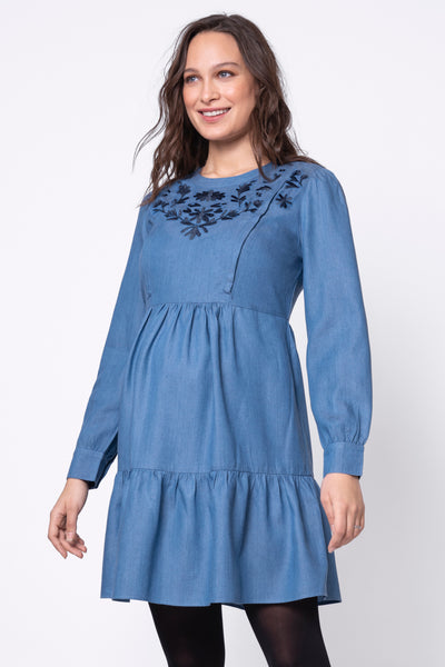 Tencel Umstands- und Stillkleid mit Stickerei