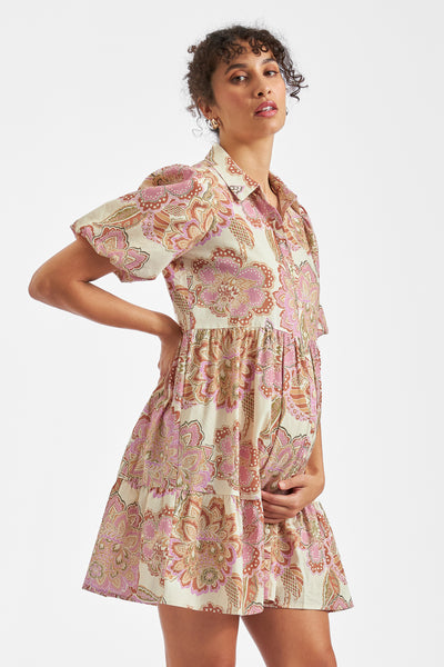 Linen maternity and nursing dress with paisley print