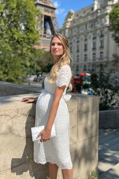 V-neck maternity wedding dress with back cutout
