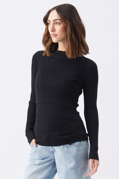 Lift up Ribbed Maternity and Nursing Sweater Black