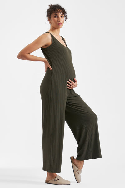 Ribbed loose fit maternity jumpsuit khaki