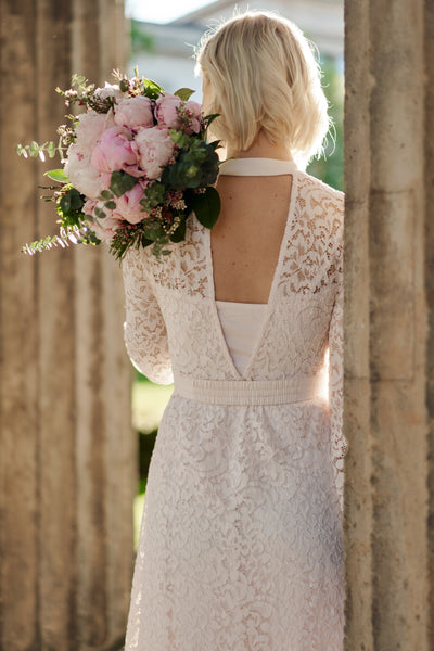 Lace maternity dress with stand-up collar and back cutout