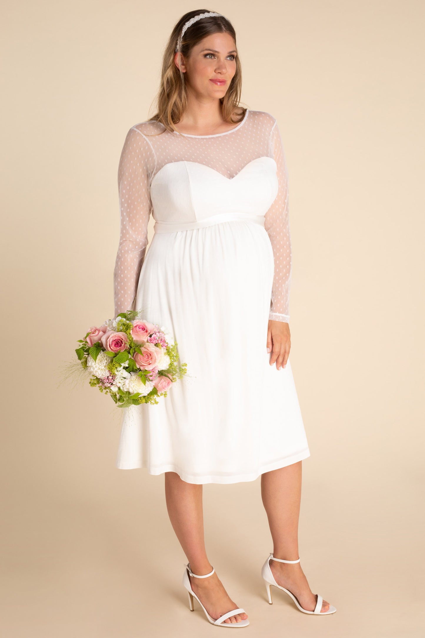 Plus Size Umstandsbrautkleid mit Pünktchenspitze langarm