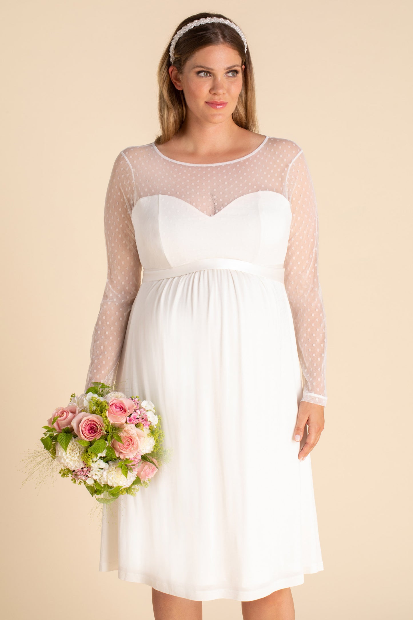 Plus Size Umstandsbrautkleid mit Pünktchenspitze langarm