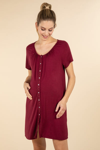 Eco viscose maternity and nursing nightgown with buttons, burgundy