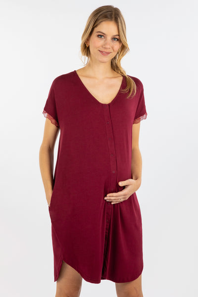Eco viscose birth dress and nursing nightgown, burgundy