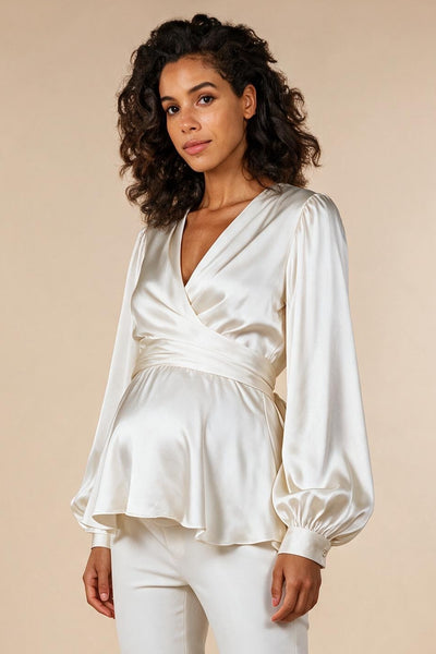 Satin Umstandswickelbluse mit Ballonärmeln elfenbein