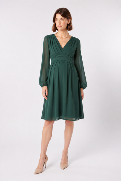 Chiffon Umstands- und Stillkleid mit langen Puffärmeln dunkelgrün