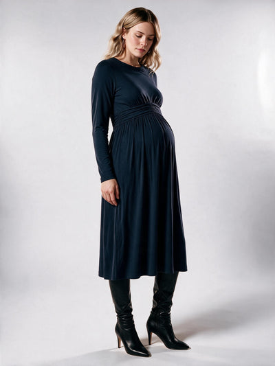 Midi Umstandskleid mit geraffter Taille und Keyhole Rückenausschnitt Navy