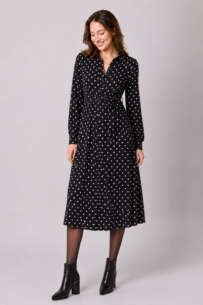 Midi Umstands- und Still-Hemdblusenkleid zum Binden mit Polka Dot Print
