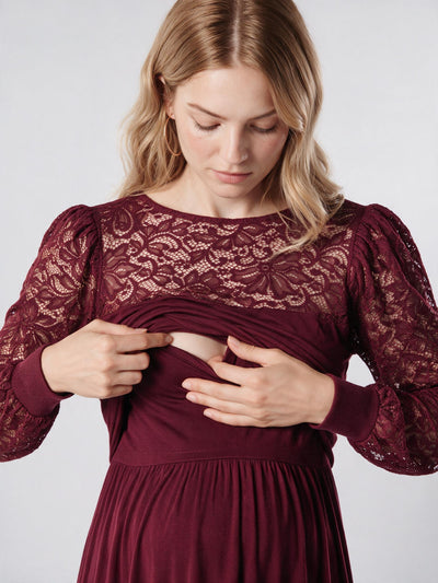 Midi Umstands- und Stillkleid mit Spitzenoberteil Burgund