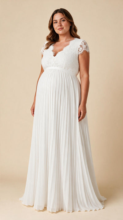 Plus Size Umstandsbrautrobe mit Spitzenoberteil und Plissees elfenbein