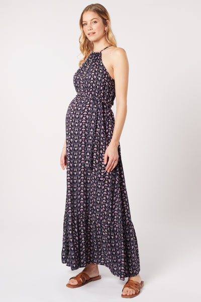 Maxi Neckholder Umstandskleid mit Print navy