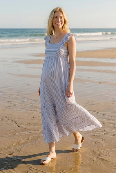 Maxi striped maternity dress with ruffles