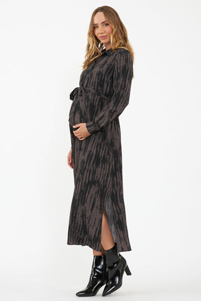 Maxi maternity and nursing shirt dress with print