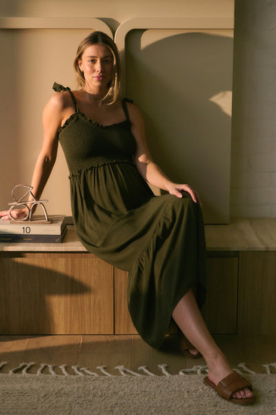 Maxi maternity dress with smock detail, khaki