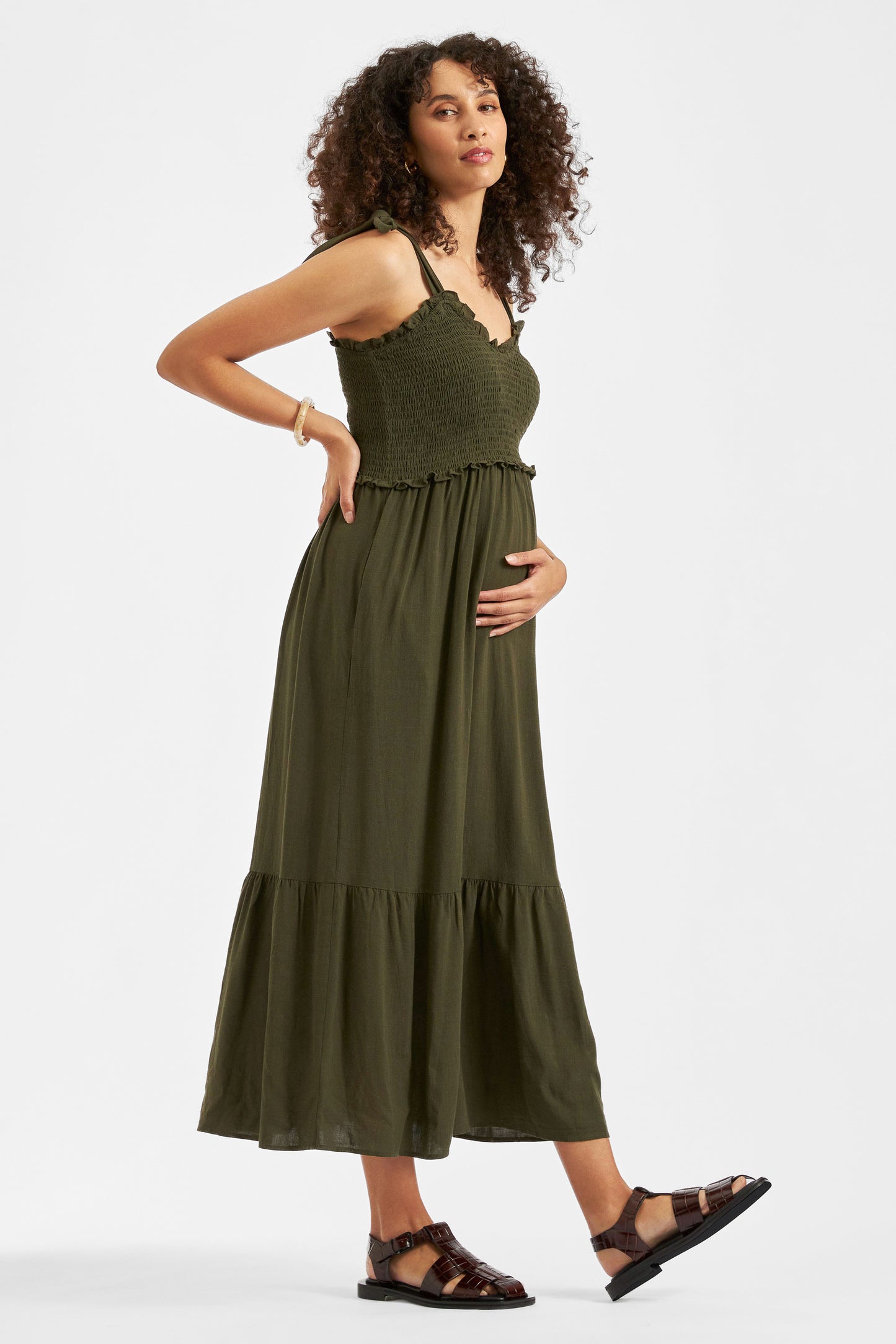 Maxi Umstandskleid mit Smock Detail khaki